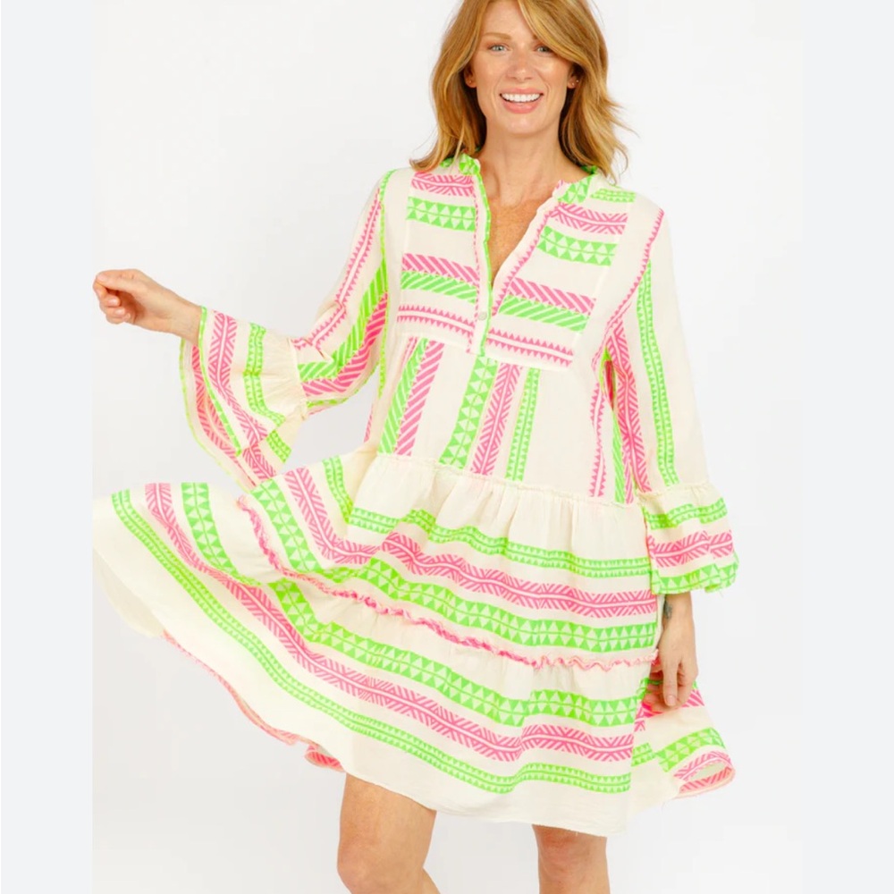 Anthropologie Pink and Green Long Sleeve Dress